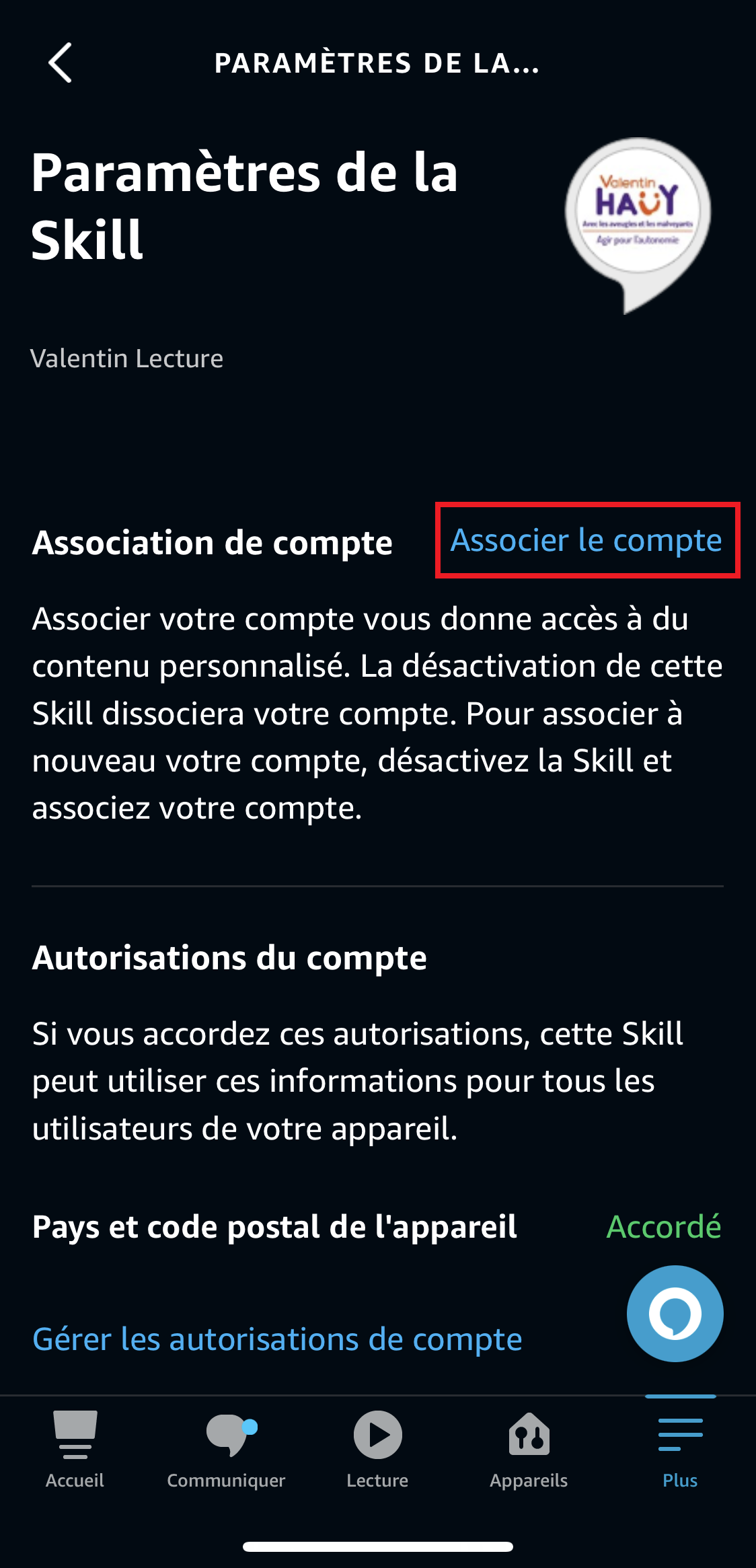 Page Paramètres de la skill. Le lien "Associer le compte" se trouve sur la droite de l'écran, sous le logo "Valentin Lecture"